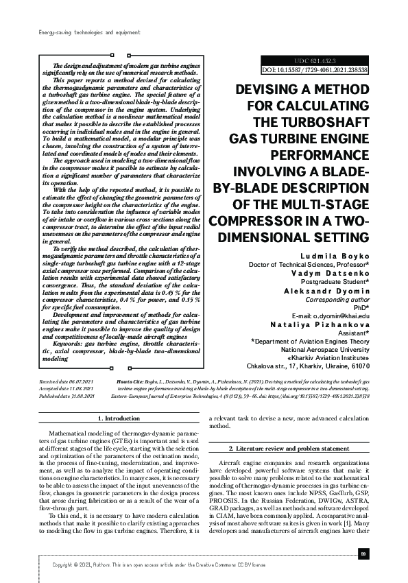 (PDF) Devising a method for calculating the turboshaft gas turbine ...