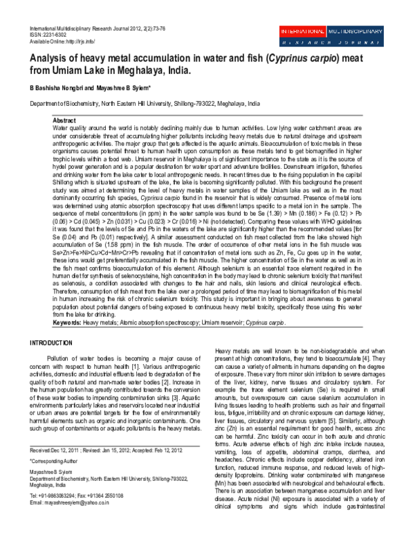 (PDF) Analysis of heavy metal accumulation in water and fish (Cyprinus ...