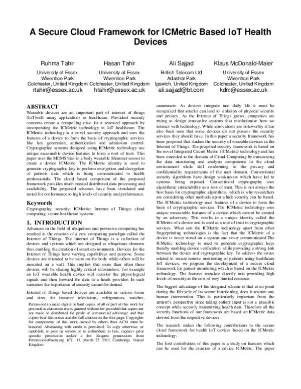 (PDF) A secure cloud framework for ICMetric based IoT health devices