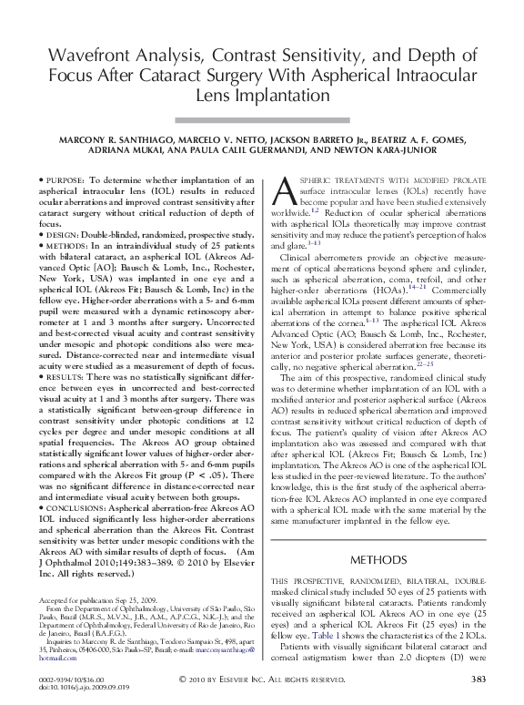 (PDF) Wavefront Analysis, Contrast Sensitivity, and Depth of Focus ...