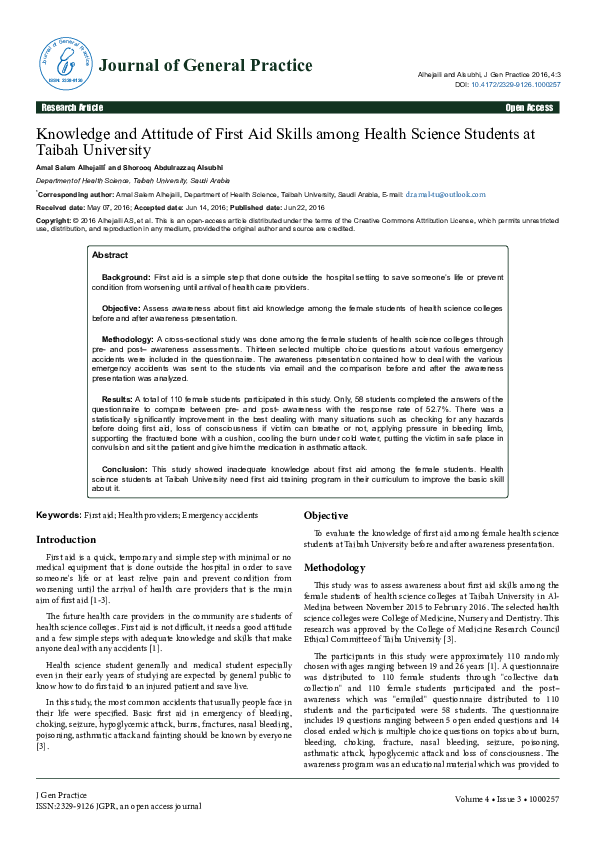 (PDF) Knowledge and attitude of first aid skills among health science ...