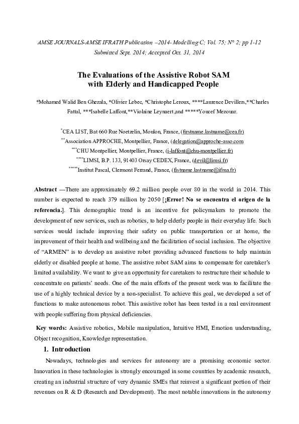 (PDF) The Evaluations of the Assistive Robot SAM with Elderly and ...