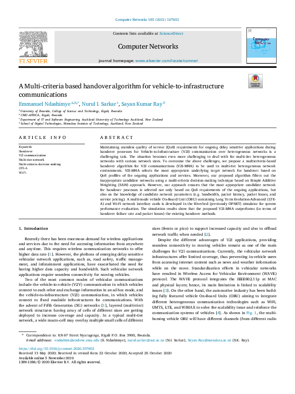 (PDF) A Multi-criteria based handover algorithm for vehicle-to ...