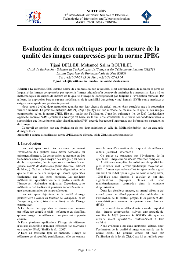  PDF Evaluation De Deux Mtriques Pour La Mesure De La Qualit Des 