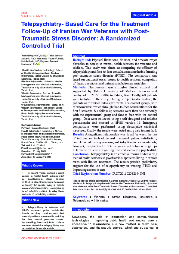 (PDF) Telepsychiatry- Based Care for the Treatment Follow-Up of Iranian ...