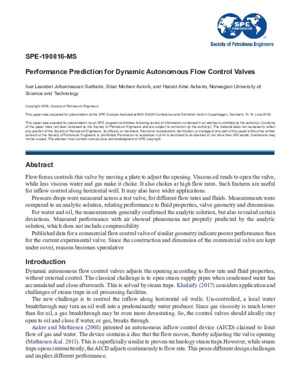 (PDF) Performance Prediction for Dynamic Autonomous Flow Control Valves