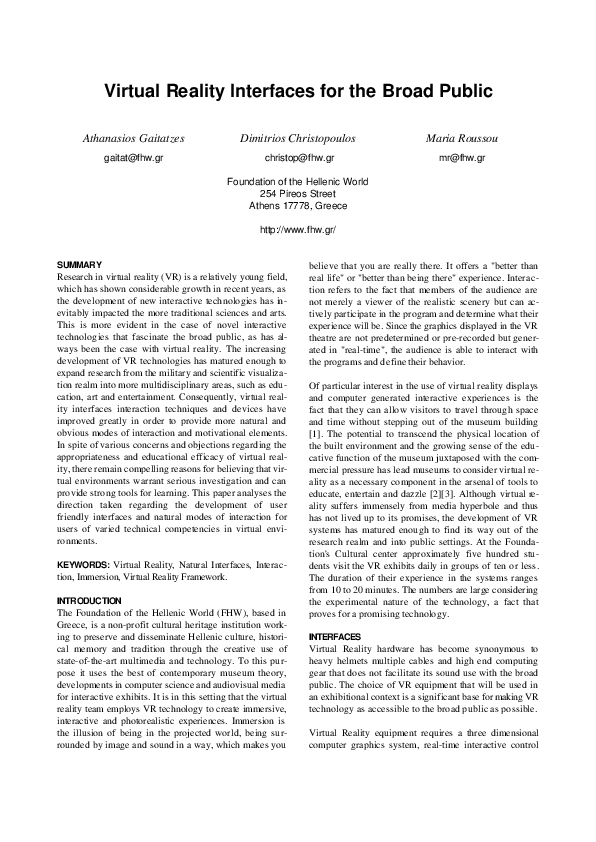 (PDF) Virtual Reality Interfaces for the Broad Public