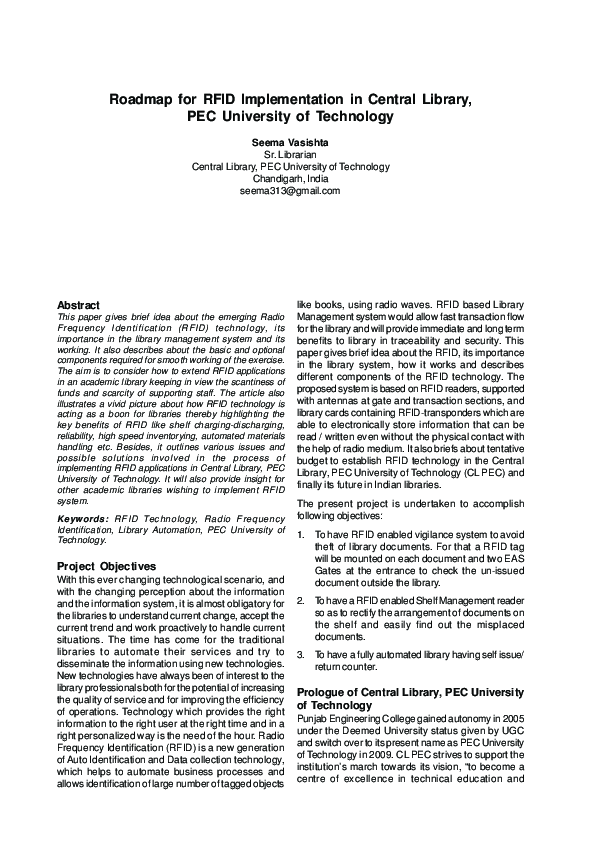 (PDF) Roadmap for RFID Implementation in Central library, PEC ...