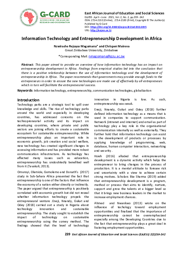 (PDF) Information Technology and Entrepreneurship Development in Africa