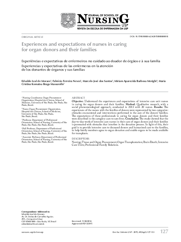 (PDF) Experiences and expectations of nurses in caring for organ donors ...