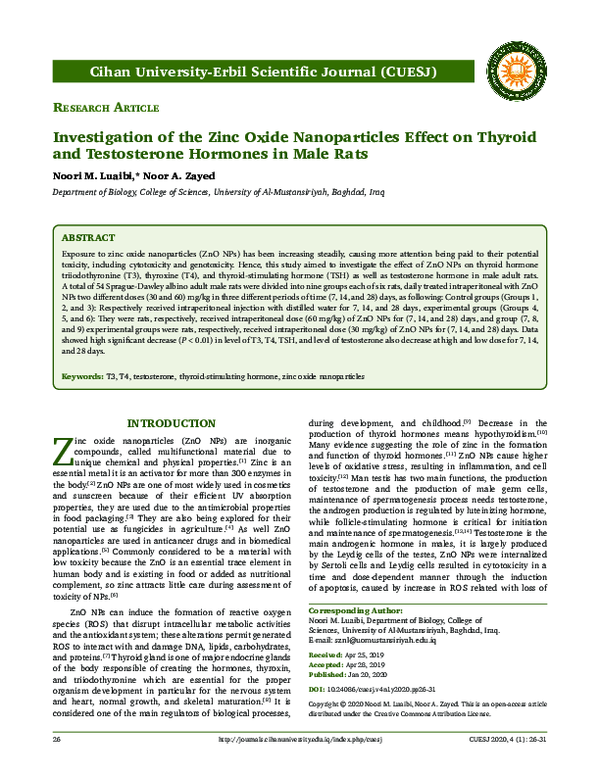 (PDF) Investigation of the Zinc Oxide Nanoparticles Effect on Thyroid ...