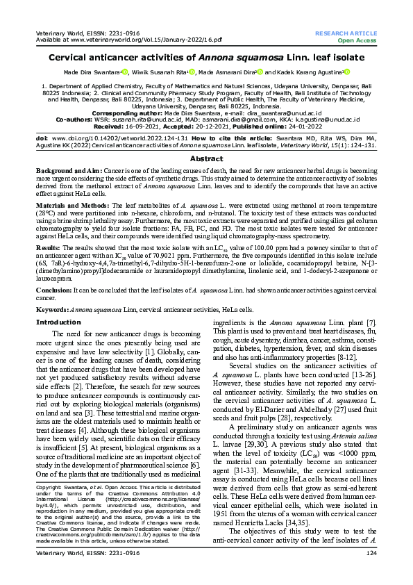 (PDF) Cervical anticancer activities of Annona squamosa Linn. leaf isolate