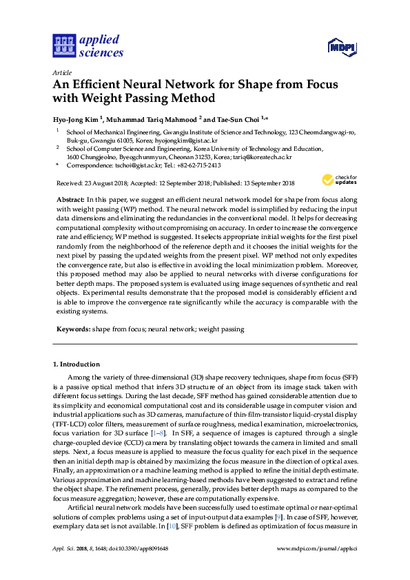 (PDF) An Efficient Neural Network for Shape from Focus with Weight ...