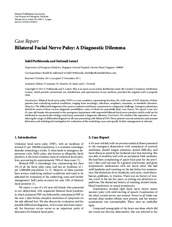 (PDF) Case Report Bilateral Facial Nerve Palsy: A Diagnostic Dilemma