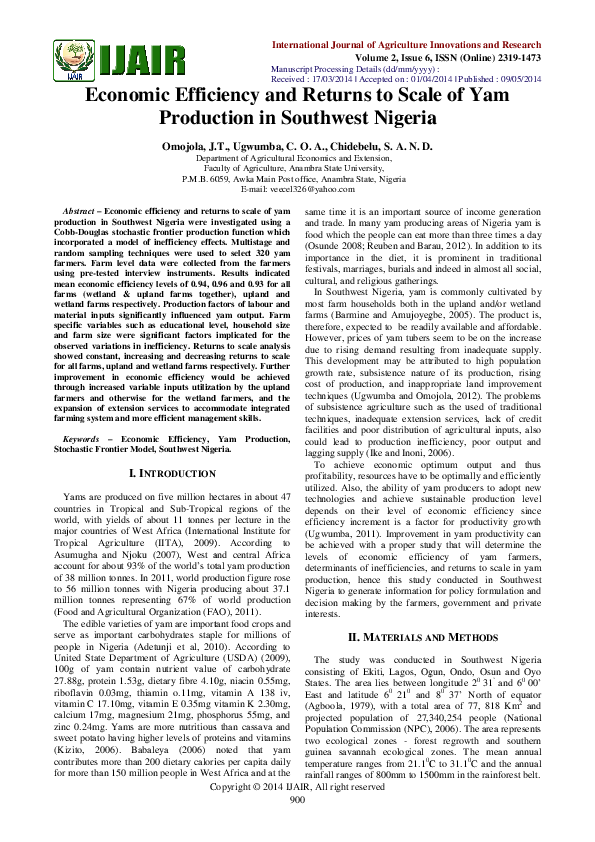(PDF) Economic efficiency and returns to scale of yam production in ...