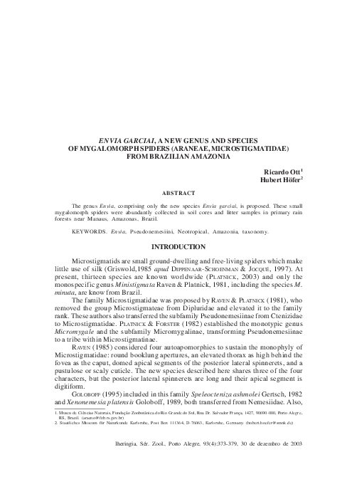 (PDF) Envia garciai, a new genus and species of mygalomorph spiders ...