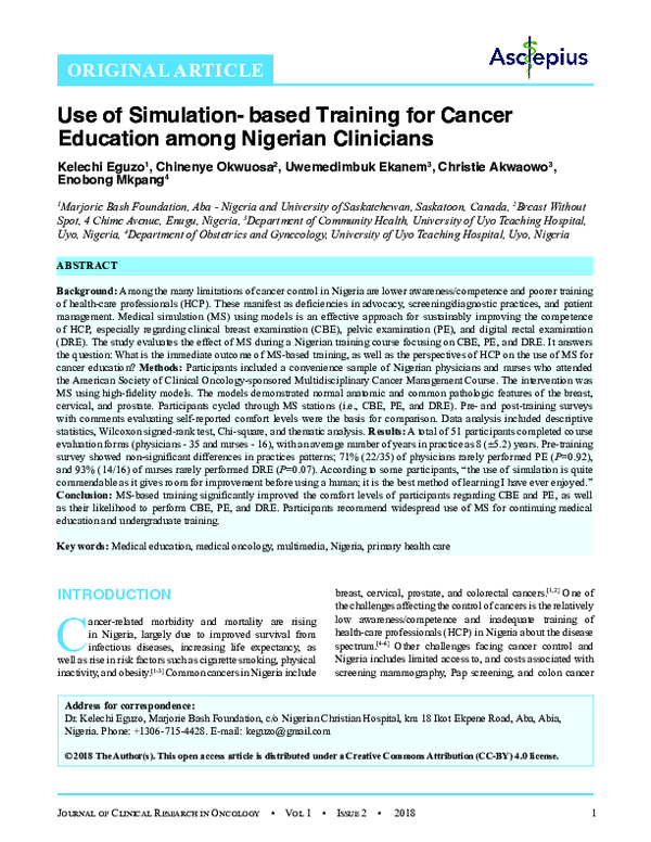 Pdf Use Of Simulation Based Training For Cancer Education Among Nigerian Clinicians Uwemedimbuk Ekanem Academia Edu