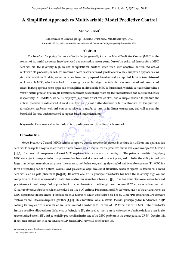 (PDF) A Simplified Approach to Multivariable Model Predictive Control