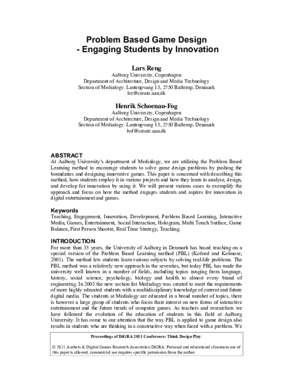 (PDF) Problem Based Game Design - Engaging Students by Innovation