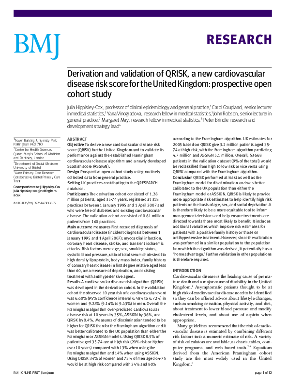 (PDF) Derivation and validation of QRISK, a new cardiovascular disease ...