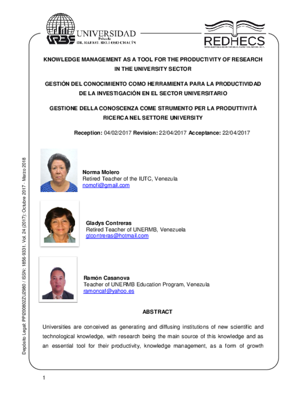 (PDF) Knowledge Management as a Tool for the Productivity of Research ...