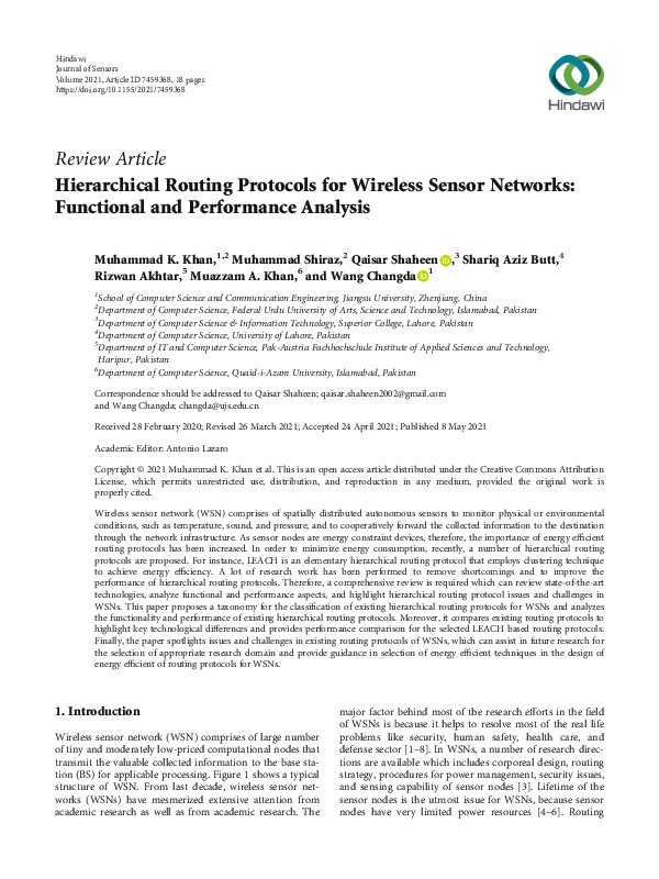 (PDF) Hierarchical Routing Protocols for Wireless Sensor Networks ...
