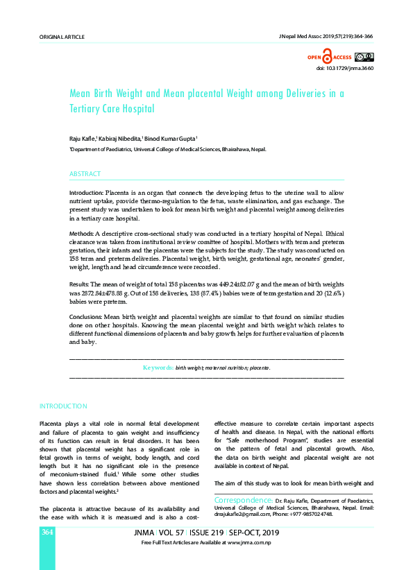 (PDF) Mean Birth Weight and Mean placental Weight among Deliveries in a ...