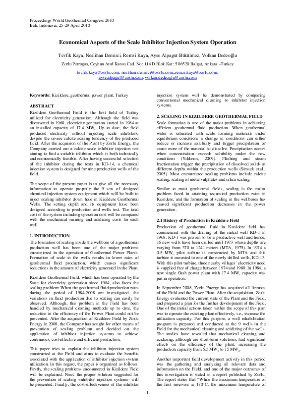 (PDF) Economical Aspects of the Scale Inhibitor Injection System Operation