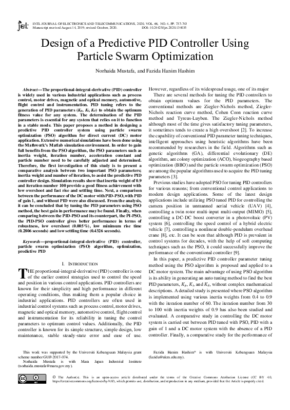 (PDF) Design of a Predictive PID Controller using Particle Swarm ...