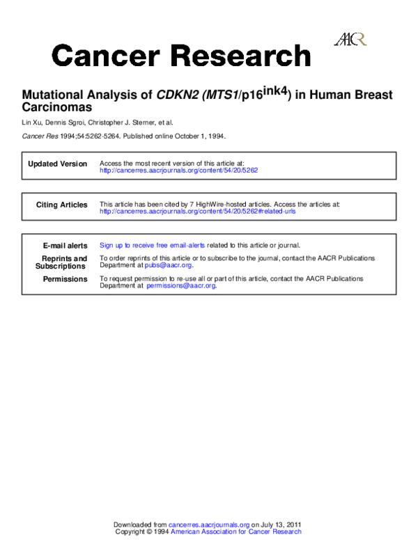 (PDF) Mutational analysis of CDKN2 (MTS1/p16ink4) in human breast ...