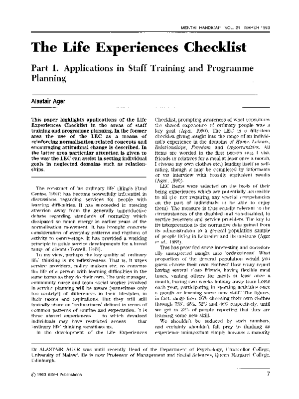(PDF) The Life Experiences Checklist Part 1. Applications in Staff