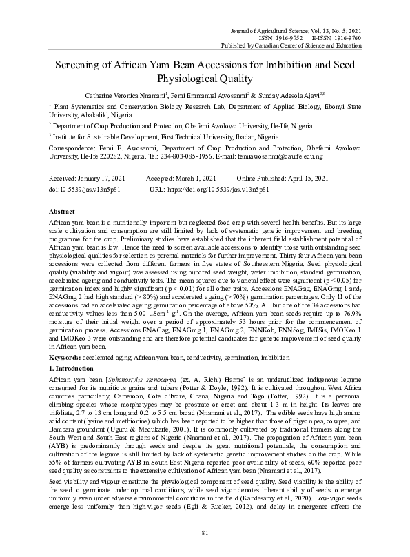 (PDF) Screening of African Yam Bean Accessions for Imbibition and Seed