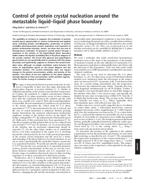 (PDF) Control of protein crystal nucleation around the metastable ...