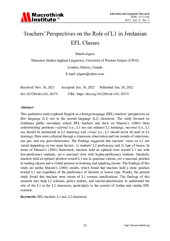 (PDF) Teachers' Perspectives on the Role of L1 in Jordanian EFL Classes
