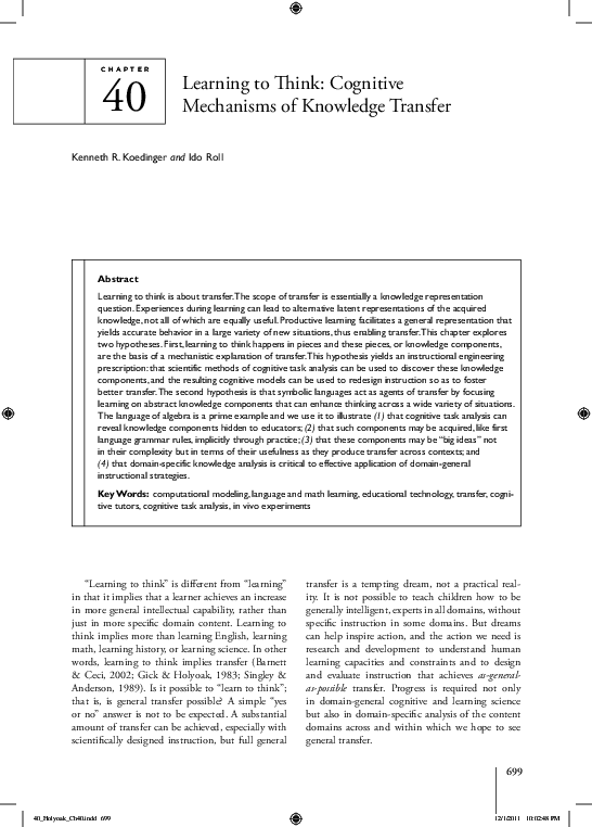 (PDF) Learning to think: Cognitive mechanisms of knowledge transfer