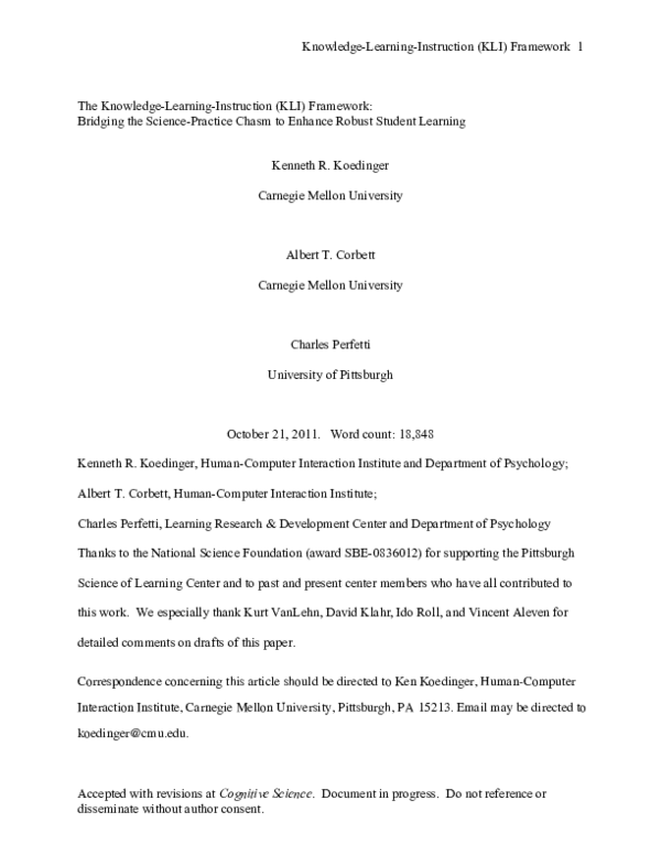 (PDF) KLI Framework: Bridging Science and Practice for Student Learning