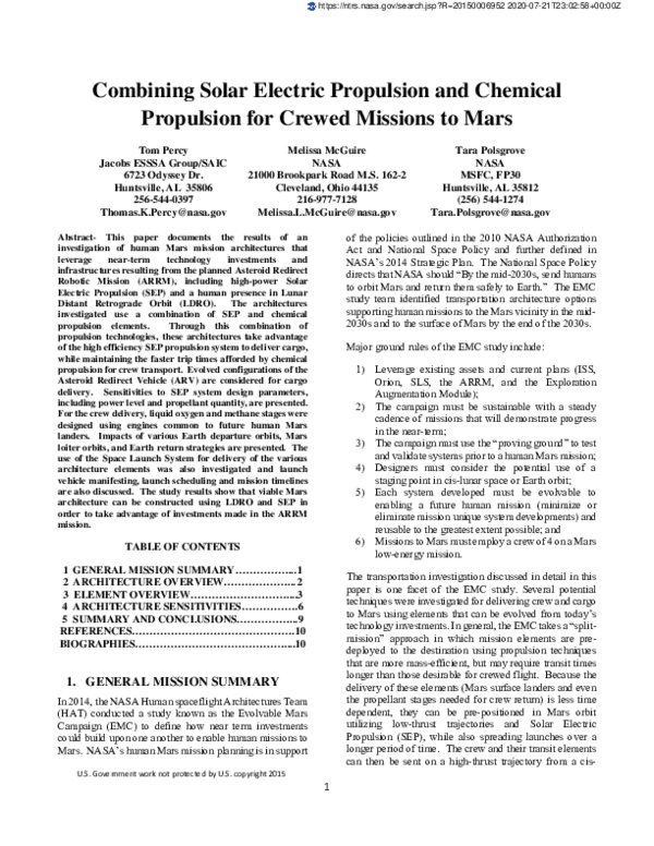 (PDF) Combining Solar Electric Propulsion and chemical propulsion for ...