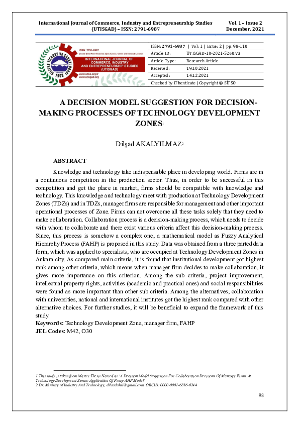 (PDF) A DECISION MODEL SUGGESTION FOR DECISION-MAKING PROCESSES OF ...