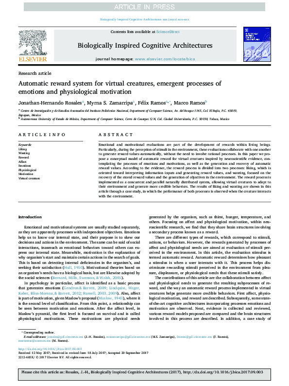 (PDF) Automatic reward system for virtual creatures, emergent processes ...