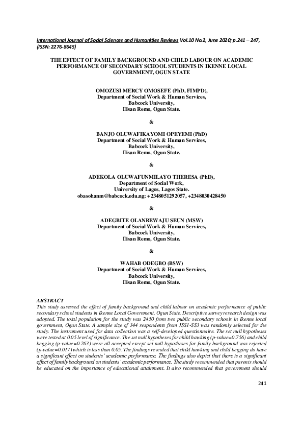 (PDF) The Effect of Family Background and Child Labour on Academic ...