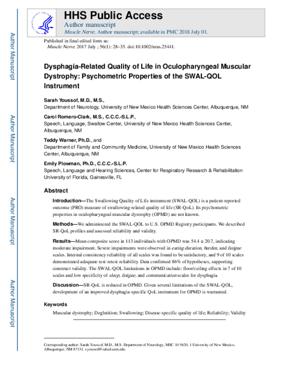 (PDF) Dysphagia-Related Quality of Life in Oculopharyngeal Muscular ...