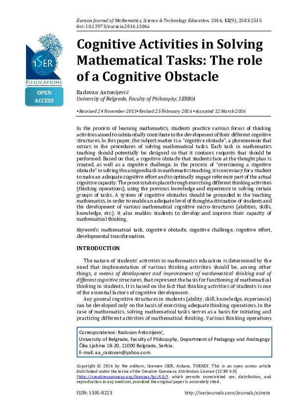 (PDF) Cognitive activities in solving mathematical tasks: The role of a ...
