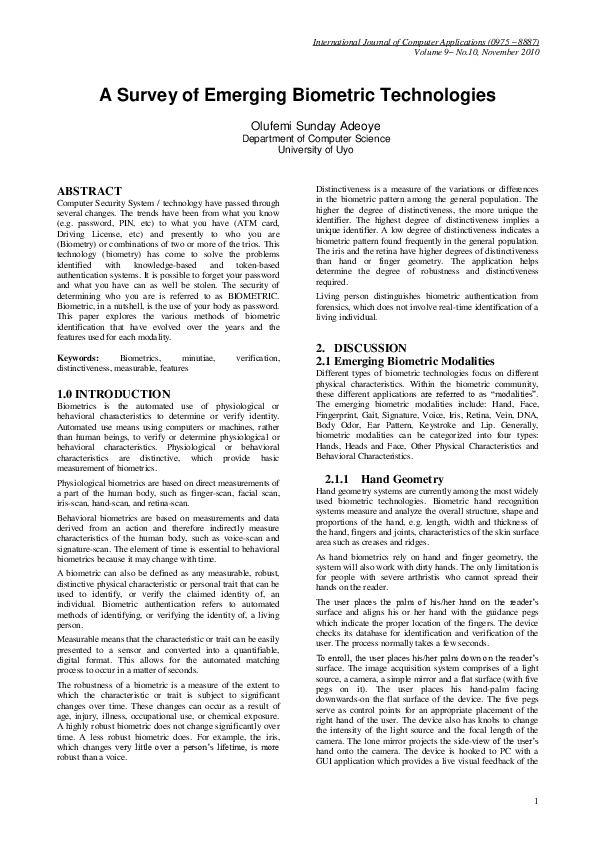 (PDF) A Survey of Emerging Biometric Technologies