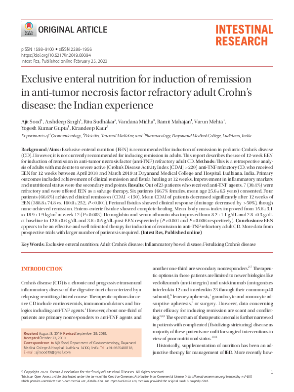 (PDF) Exclusive enteral nutrition for induction of remission in anti ...