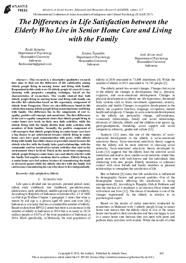 (PDF) The Differences in Life Satisfaction between the Elderly Who Live ...