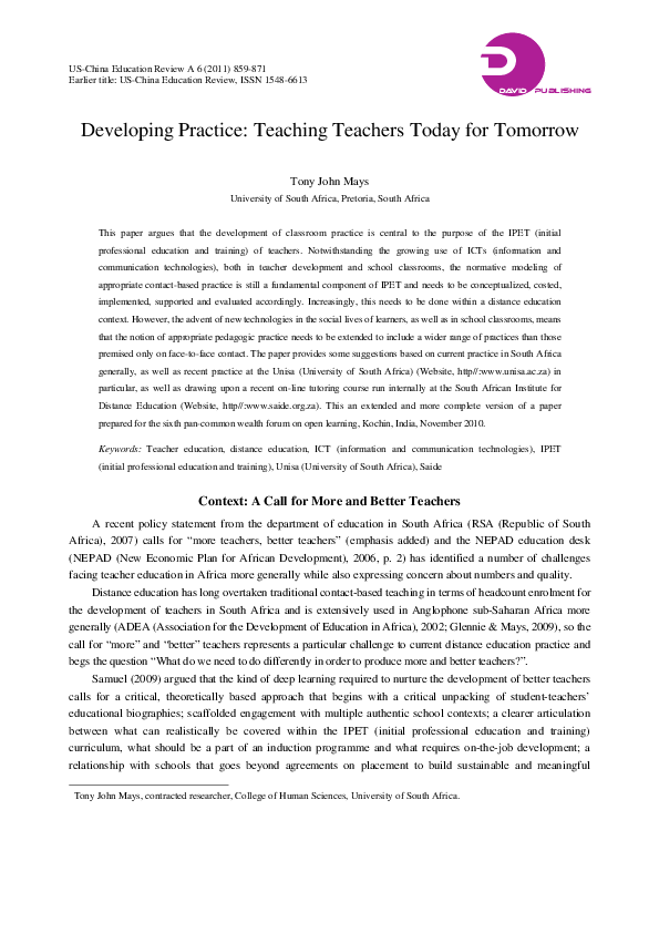 (PDF) Developing Practice: Teaching Teachers Today for Tomorrow