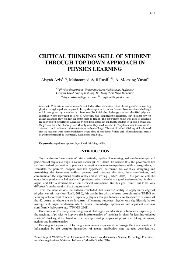 (PDF) Critical Thinking Skill of Student Through Top Down Approach in ...