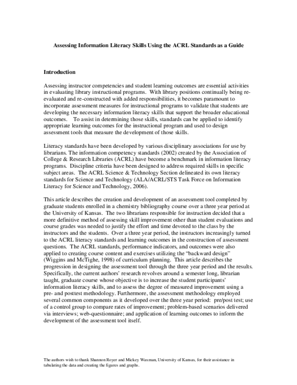 (PDF) Assessing information literacy skills using the ACRL standards as ...