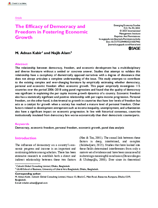 (PDF) The Efficacy of Democracy and Freedom in Fostering Economic Growth