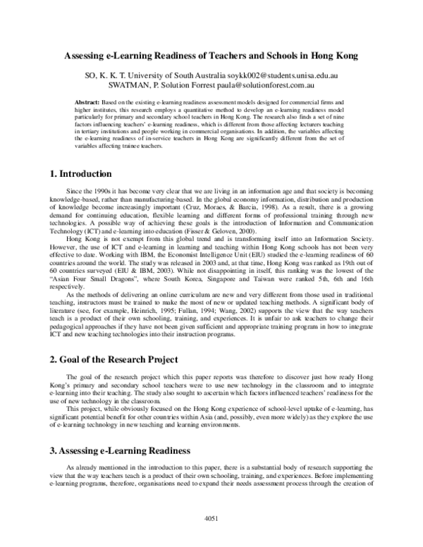 (PDF) Assessing e-Learning Readiness of Teachers and Schools in Hong Kong